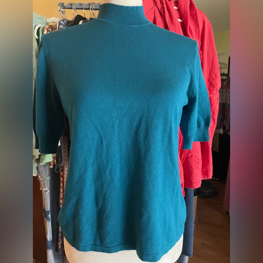 Coldwater Creek Teal Blue Mock Neck Short Sleeve Lightweight Sweater Size M